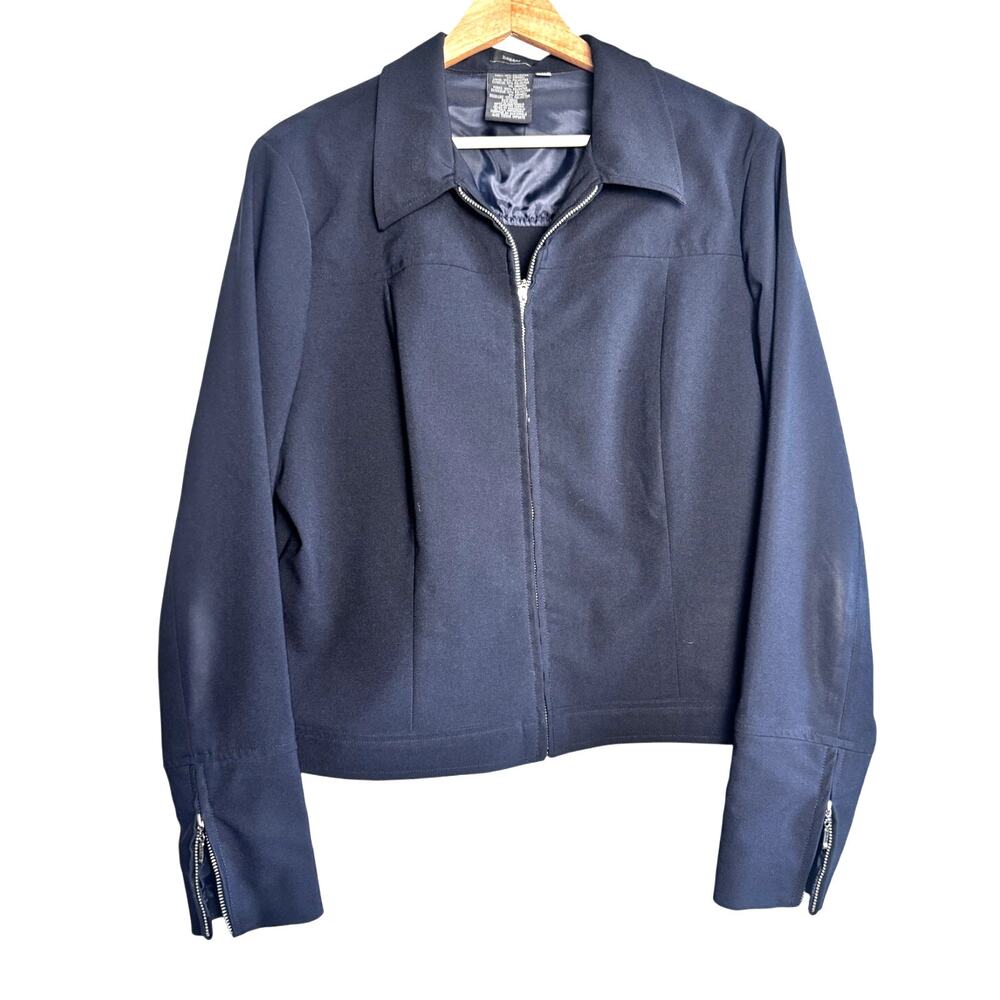 Haggar Women’s Dark Navy Full Zip Jacket Size 14 Classic Collar Zipper Accents